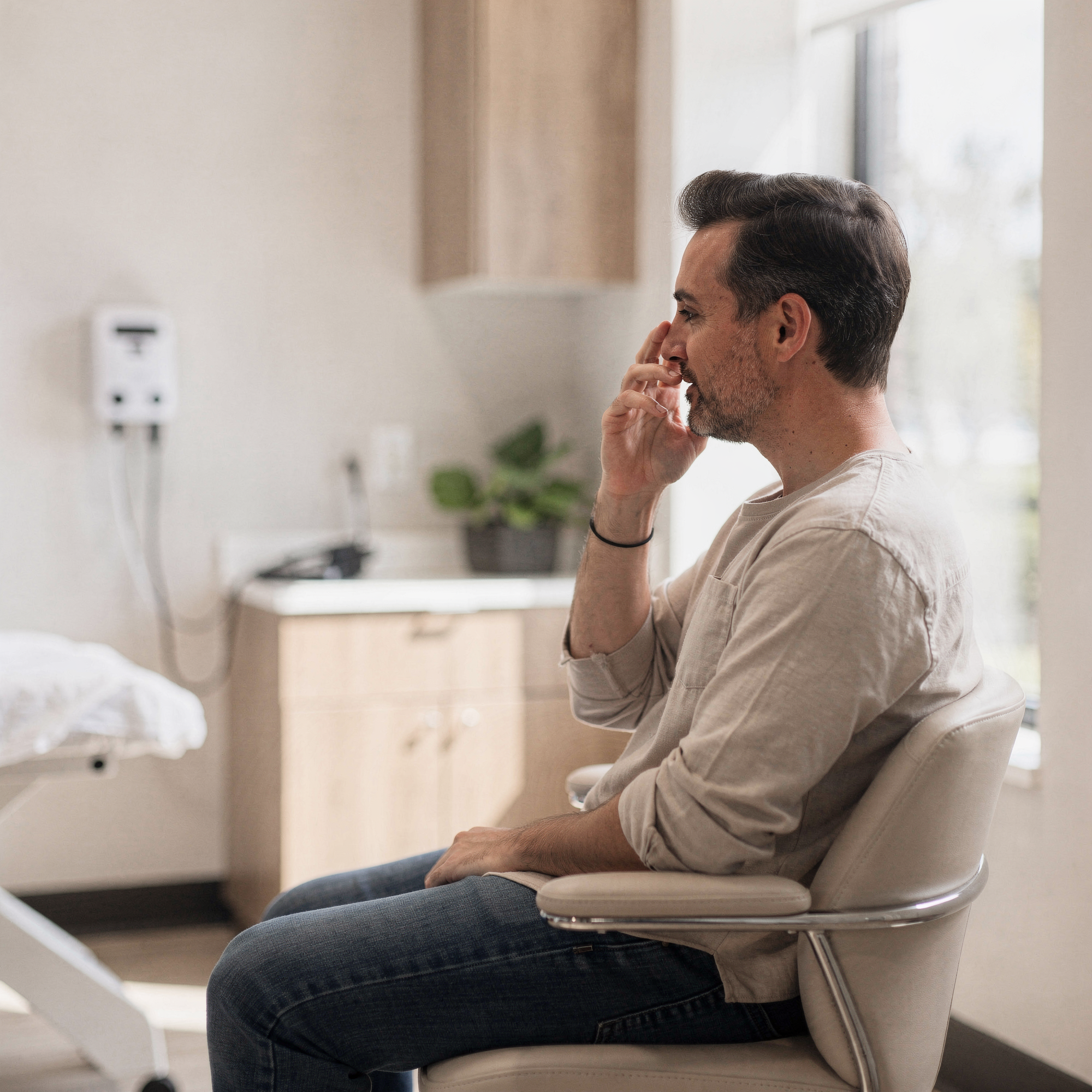 Man sitting in a medical office exam room, touching his face near his nose